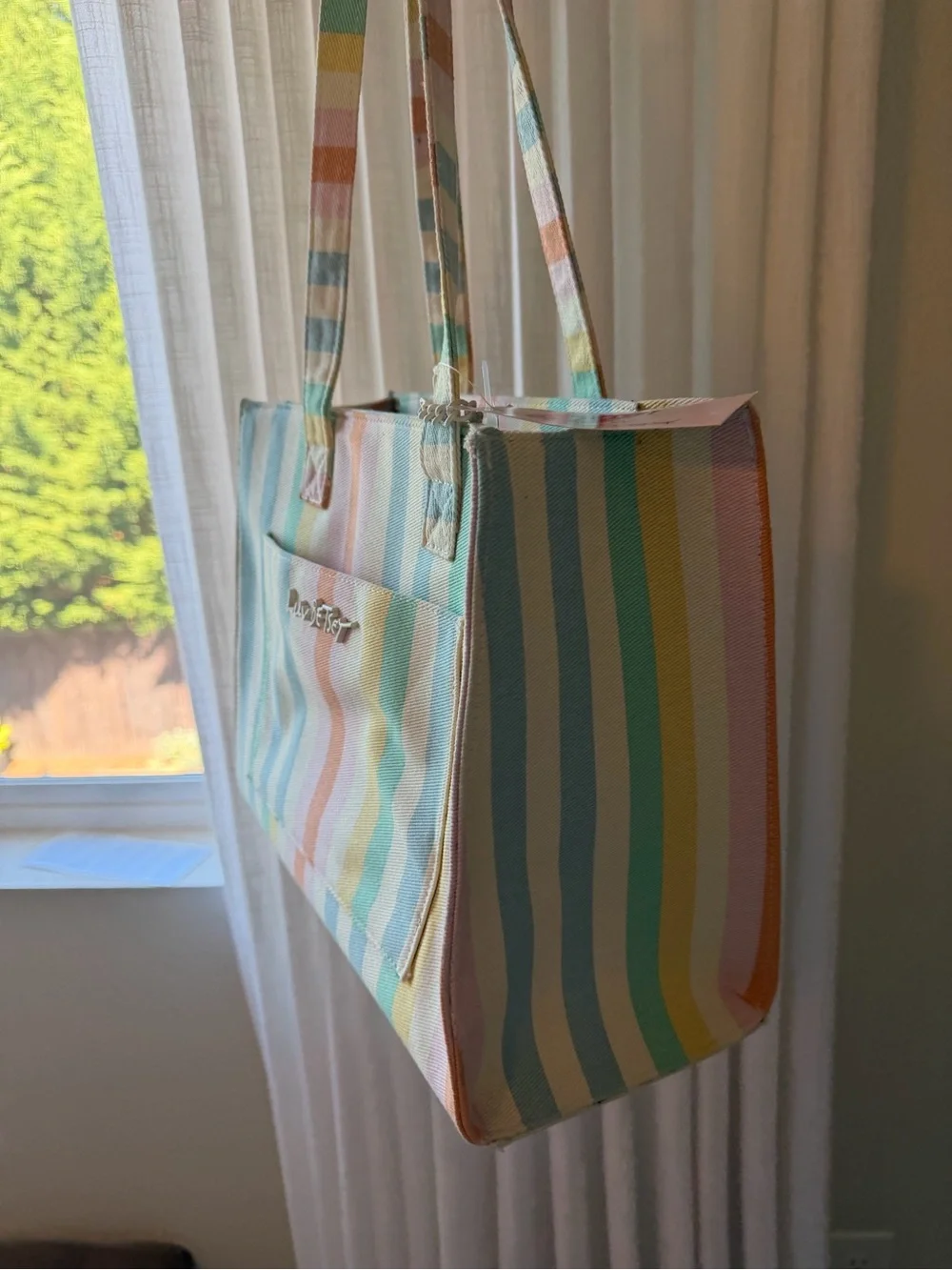 Betsey Johnson Multicolor Pastel Stripe Shoulder Bag with Yellow Flower Charm